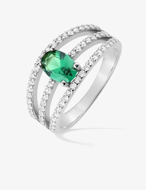 Bague 3 anneaux argent 925‰ rhodié et oxyde de zirconium vert SO OR
