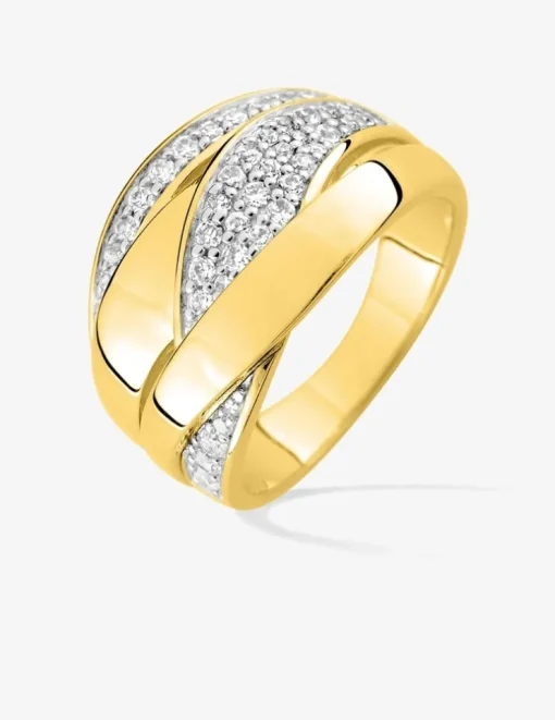 Bague 4 anneaux plaqué or et pavage oxydes de zirconium sur du rhodium SO OR
