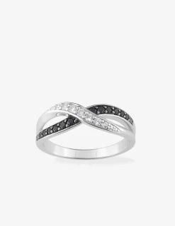 Bague 2 fines vagues entrelacées argent rhodié 925 ‰ et oxyde de zirconium blanc et noir SO OR