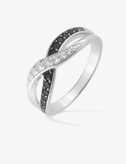 Bague 2 fines vagues entrelacées argent rhodié 925 ‰ et oxyde de zirconium blanc et noir SO OR