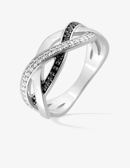 Bague 3 vagues entrelacées argent rhodié 925 ‰ et oxyde de zirconium blanc et noir SO OR