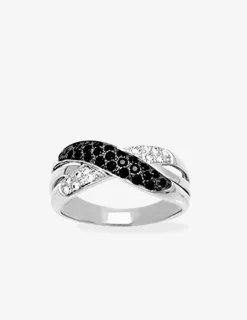 Bague 2 vagues entrelacées argent rhodié 925 ‰ et oxyde de zirconium blanc et noir SO OR
