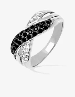 Bague 2 vagues entrelacées argent rhodié 925 ‰ et oxyde de zirconium blanc et noir SO OR