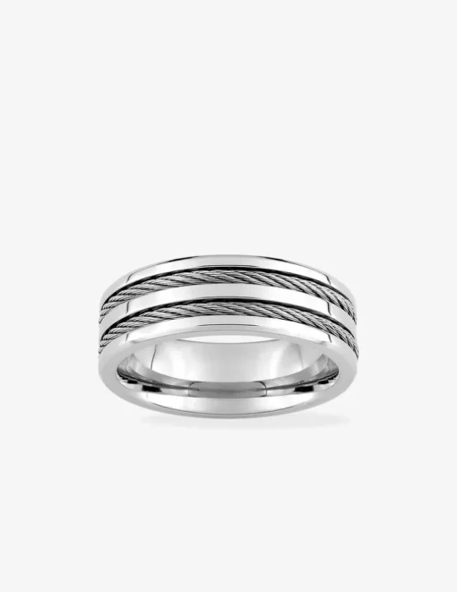 Bague acier CARGO 3 bandes finition brillant et 2 bandes câbles largeur 8mm SO OR