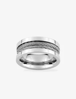 Bague acier CARGO 2 bandes finition brillante et 2 bandes câbles largeur 9mm SO OR