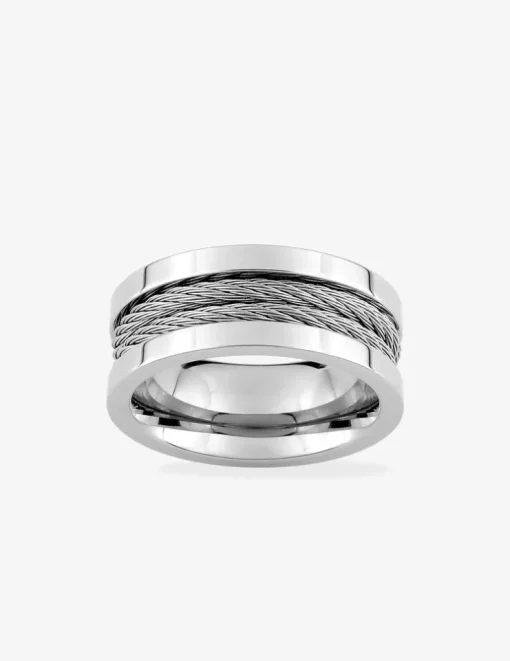 Bague acier CARGO 2 bandes finition brillante et 2 bandes câbles largeur 9mm SO OR