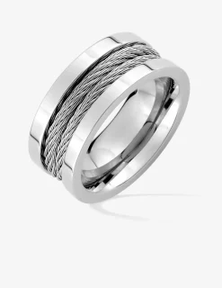 Bague acier CARGO 2 bandes finition brillante et 2 bandes câbles largeur 9mm SO OR