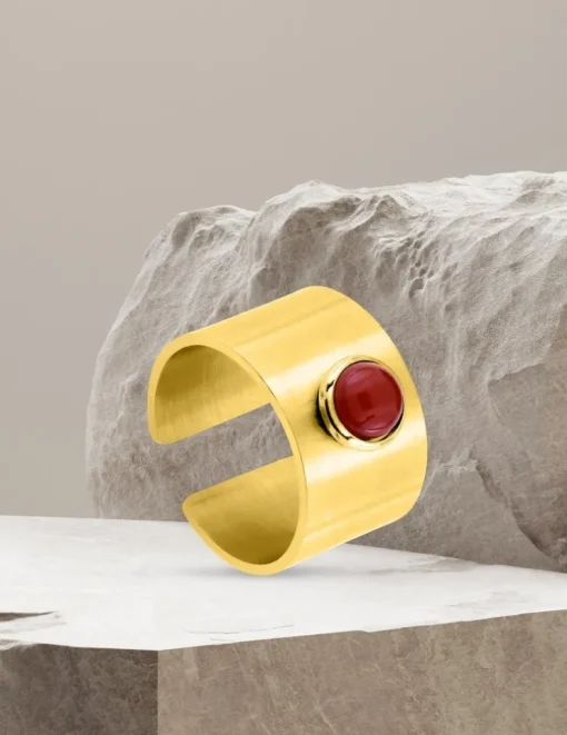 Bague acier doré rubis synthétique ajustable SO OR