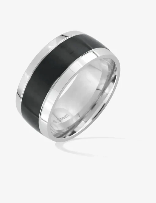 Bague acier gris et bande noire SO OR