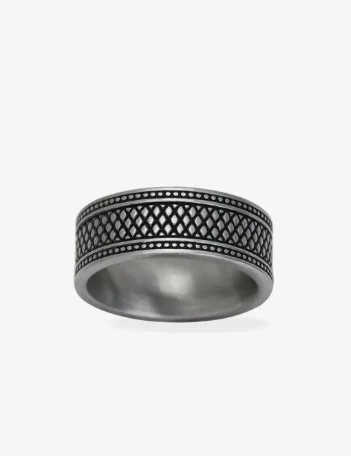 Bague acier gris stries et motifs reliefs SO OR