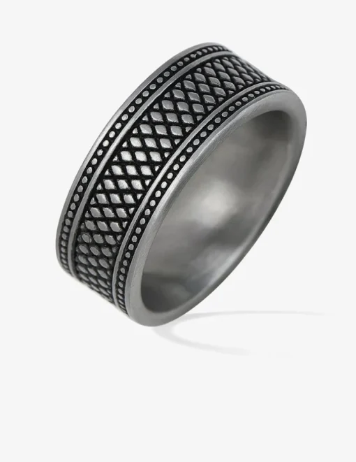 Bague acier gris stries et motifs reliefs SO OR