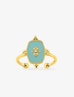 Bague acier jaune avec motif et laque turquoise SO OR