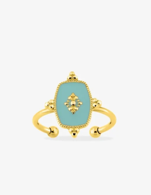 Bague acier jaune avec motif et laque turquoise SO OR