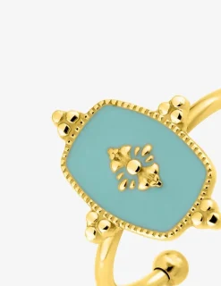 Bague acier jaune avec motif et laque turquoise SO OR