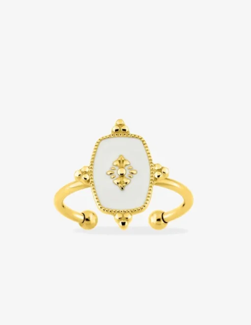 Bague ajustable acier doré et motif laque blanche SO OR