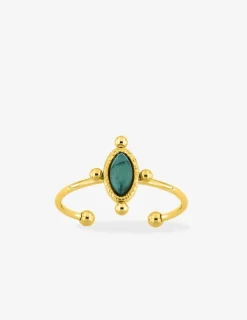 Bague ajustable en acier doré et turquoise verte synthétique SO OR