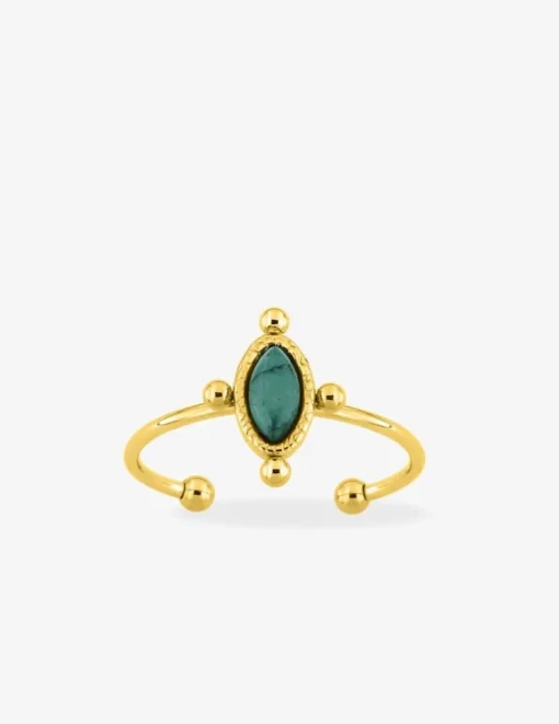 Bague ajustable en acier doré et turquoise verte synthétique SO OR