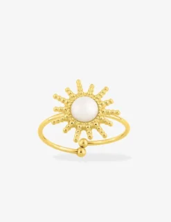 Bague ajustable en acier doré et agate blanche SO OR