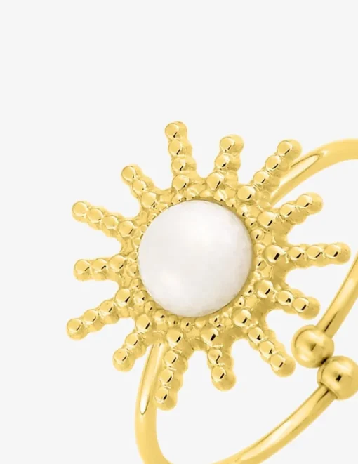 Bague ajustable en acier doré et agate blanche SO OR
