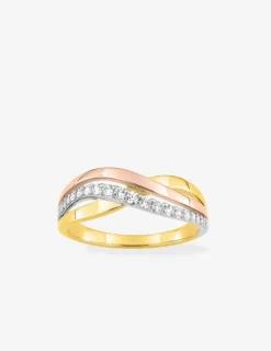 Bague anneaux tricolores entrelacés plaqué or, rhodium et oxydes de zirconium SO OR