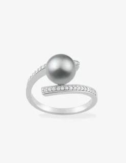 Bague argent 925 ‰ rhodié avec perle d'imitation grise et oxydes de zirconium SO OR