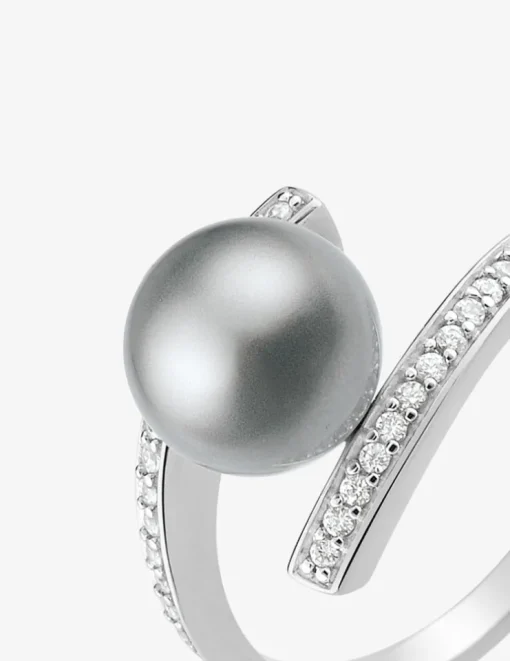 Bague argent 925 ‰ rhodié avec perle d'imitation grise et oxydes de zirconium SO OR