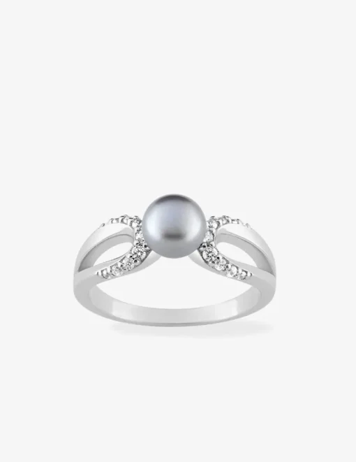 Bague argent rhodié 925 ‰, oxyde de zirconium et perle grise 6 mm SO OR