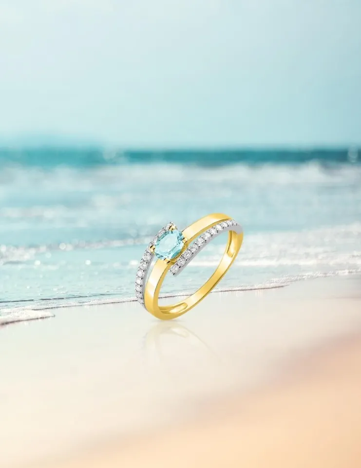 Bague bicolore 375‰, aigue-marine, oxyde de zirconium SO OR