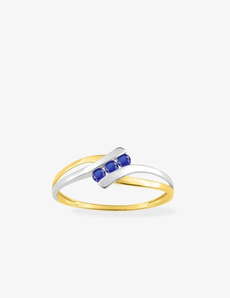 Bague bicolore or jaune 750 ‰, rhodium et trilogie de saphirs SO OR