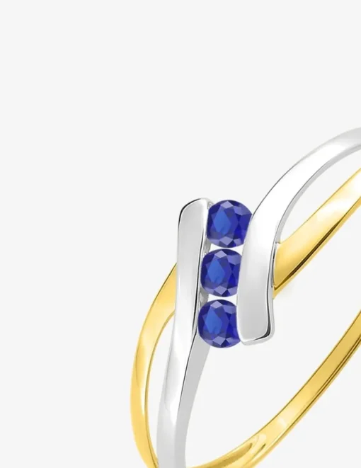 Bague bicolore or jaune 750 ‰, rhodium et trilogie de saphirs SO OR