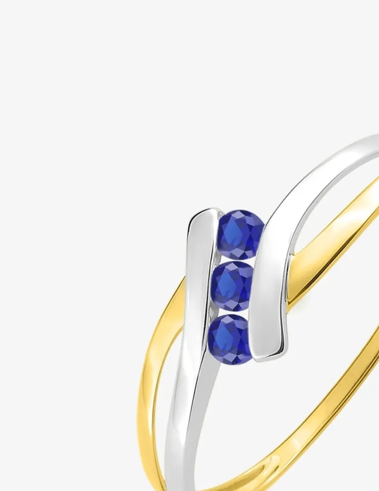 Bague bicolore or jaune 750 ‰, rhodium et trilogie de saphirs SO OR