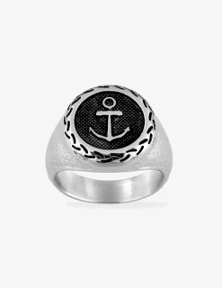 Bague chevalière en acier gris avec détails noirs SO OR
