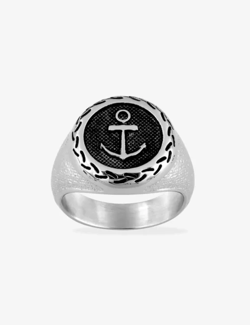 Bague chevalière en acier gris avec détails noirs SO OR