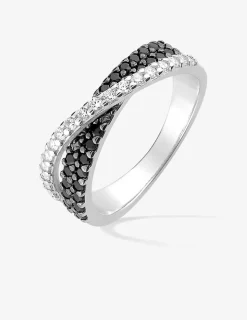 Bague croisée argent rhodié 925 ‰ et oxyde de zirconium blanc et noir SO OR