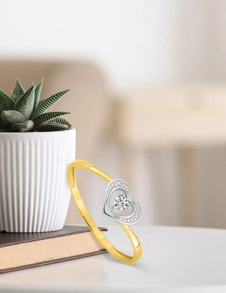 Bague cœur bicolore or 375 ‰ oxyde de zirconium, rhodium SO OR