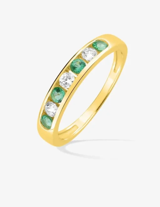 Bague demi-alliance or jaune 750 ‰ émeraude et oxyde de zirconium SO OR