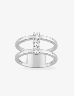 Bague double anneau argent 925‰ rhodié et trilogie oxydes de zirconium SO OR
