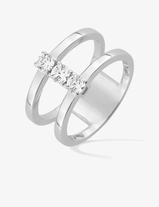 Bague double anneau argent 925‰ rhodié et trilogie oxydes de zirconium SO OR
