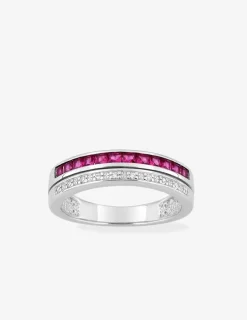 Bague double anneau argent 925‰ rhodié, oxydes de zirconium rouges et blancs SO OR