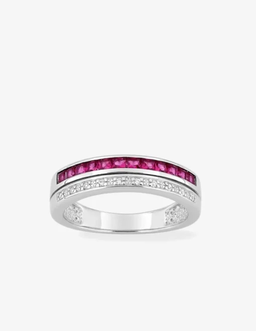 Bague double anneau argent 925‰ rhodié, oxydes de zirconium rouges et blancs SO OR