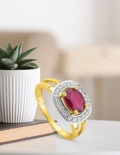 Bague double anneau or jaune 375‰, rubis et oxyde de zirconium SO OR