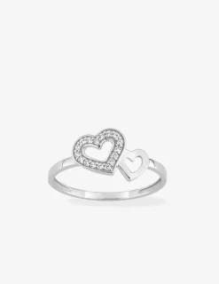 Bague double cœurs or blanc 375 ‰ oxyde de zirconium SO OR