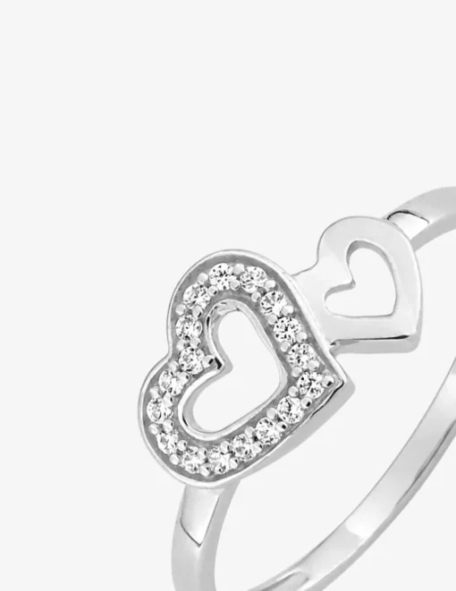 Bague double cœurs or blanc 375 ‰ oxyde de zirconium SO OR