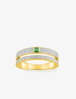 Bague double en or jaune 375‰, émeraude, oxydes de zirconium et rhodium SO OR