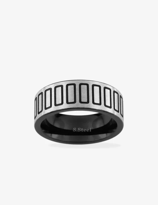 Bague en acier grise avec motifs laqués noirs SO OR