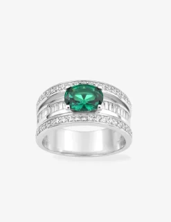 Bague en argent gris rhodié 925‰ 3 anneaux fantaisies stries et oxyde vert et blanc SO OR