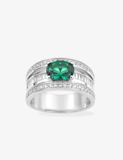 Bague en argent gris rhodié 925‰ 3 anneaux fantaisies stries et oxyde vert et blanc SO OR