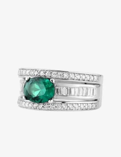 Bague en argent gris rhodié 925‰ 3 anneaux fantaisies stries et oxyde vert et blanc SO OR