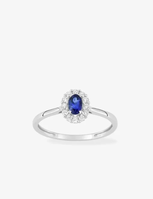 Bague en or blanc 375 ‰, saphir et diamants synthétiques 0,16 ct SO OR