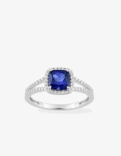 Bague en or blanc 375 ‰, saphir et diamants synthétiques 0,24 ct SO OR
